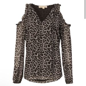 michael michael kors cold shoulder black and white leopard print  blouse